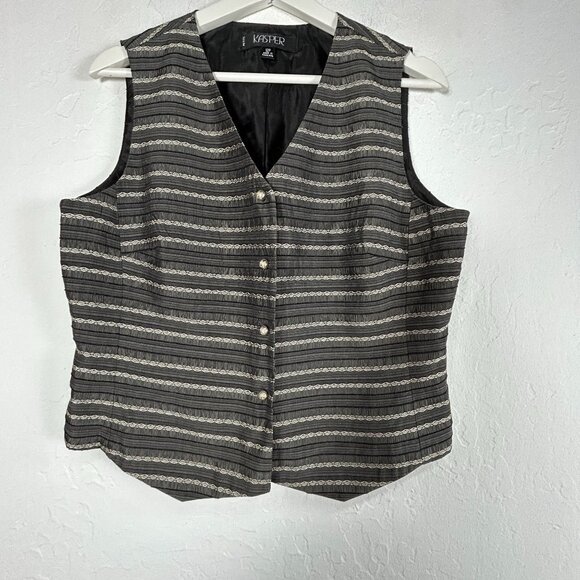 Kasper Petite Womens Striped V-Neck Vest Size 12P Black Gray Button-Front Lined - Picture 1 of 8